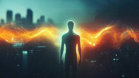 A man stands silhouetted against a city skyline at dusk, glowing with vibrant energy. The warm, swirling colors suggest a connection to the urban environment and its dynamic life.の素材