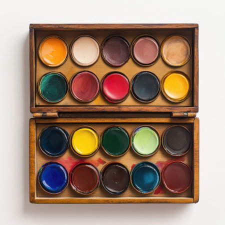 A polished wooden box holds an array of vibrant watercolor paints, each in circular pans. The carefully organized colors showcase a palette ready for artistic expression in a well-lit space.の素材