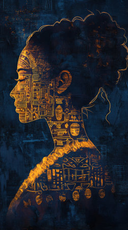 A woman appears in profile against a dark background, her silhouette glowing with intricate ancient carvings. The ethereal light highlights her serene expression and cultural significance.の素材