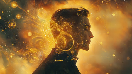 A captivating profile of a man showcases a blend of swirling energy and cosmic motifs, evoking a sense of mystery and wonder. The ethereal background enhances the surreal atmosphere.の素材