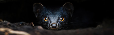 A detailed close-up captures the intense gaze of a weasel peering from its den. The distinct facial features and lively eyes highlight the animal's alertness and curiosity in its environment.の素材