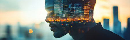 A serene expression is captured on a man's face, illuminated by city lights. An urban skyline reflects in his profile, merging nature and city life at twilight.の素材
