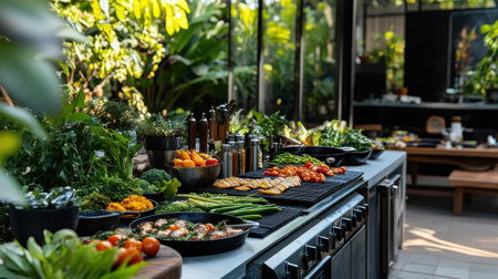 A colorful spread of seasonal vegetables and meats is being grilled under sunny skies in a vibrant outdoor kitchen filled with greenery. Fresh ingredients showcase local flavors.の素材