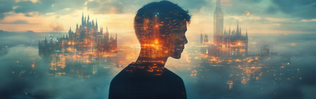 A man's silhouette stands prominently amidst a glowing urban skyline, shrouded in ethereal fog. The blending of colors evokes a sense of wonder and mystery at dusk.の素材