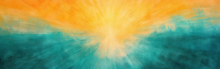 Pencil strokes in soft hues radiate outward, forming a vibrant sunburst effect. The warm tones of orange blend seamlessly with calming teal, creating an inviting atmosphere.の素材