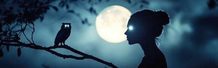 Under the bright moon, a calm profile of a woman stands out against the night sky, illuminated by an ethereal glow from her eyes, as an owl watches from a nearby branch.の素材