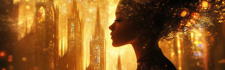 A woman's profile is depicted in a mystical style, surrounded by radiant golden hues. Ethereal structures rise behind her, enhancing the enchanting atmosphere, suggesting a dreamlike experience.の素材