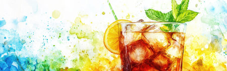 Close-up of a refreshing drink featuring ice, a slice of lemon, and a sprig of mint, set against a colorful watercolor background inspired by summer vibes.の素材