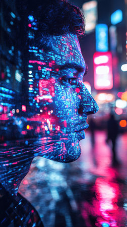 A man's profile is softly glowing amidst the urban night. Neon lights and colors blend seamlessly with his features, reflecting the energy of a bustling city.の素材