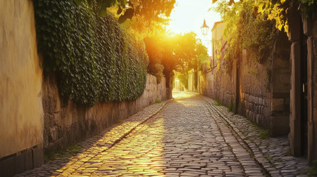 A cobblestone alley, bathed in warm sunlight, is flanked by lush greenery, inviting pedestrians to enjoy a peaceful walk during the golden hour of the evening.の素材