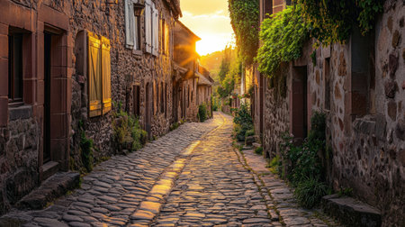 A picturesque narrow street made of cobblestones stretches through a charming historic village. The golden sunset casts a warm glow on the stone houses adorned with lush greenery.の素材