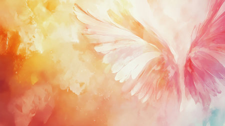 Textured wings emerge gracefully from a warm, colorful background, creating a tranquil atmosphere that invites reflection and calmness. The soft hues intertwine beautifully.の素材