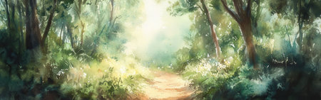 A peaceful path winds through a forest, brightened by gentle sunlight. Lush foliage surrounds the trail, creating a serene atmosphere ideal for nature walks and reflection.の素材