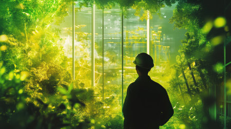 A worker dressed in safety gear stands amidst lush green foliage, gazing thoughtfully at a bustling construction site filled with bright lights and activity during the day.の素材