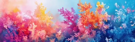 Colorful coral formations blend shades of pink, orange, and blue, creating an underwater paradise. Sunlight filters through the water, illuminating the vibrant marine ecosystem.の素材