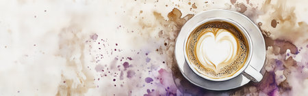 Warm tones create a soothing backdrop as a close-up reveals a coffee cup adorned with beautiful latte art, showcasing a heart design that adds charm to the moment.の素材