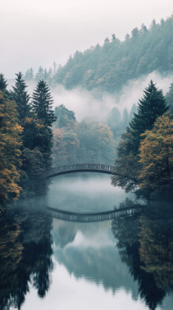 A tranquil bridge spans a calm water body, surrounded by lush trees and misty mountains. Early morning light creates a peaceful atmosphere, enhancing nature's beauty.の素材