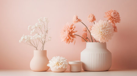 A tranquil arrangement soft features peach flowers in various vases against a pastel peach background. The delicate blooms create a calming ambience in a stylish setting.の素材