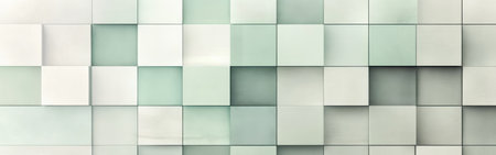 Soft pastel gray and mint grids are arranged in a modern pattern, offering a calming aesthetic suitable for interior design and decor projects in various settings.の素材