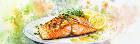 Grilled salmon fillet rests elegantly on a plate, adorned with fresh herbs and lemon slices. The watercolor background enhances the dish's vibrant colors, creating an appealing culinary presentation.の素材