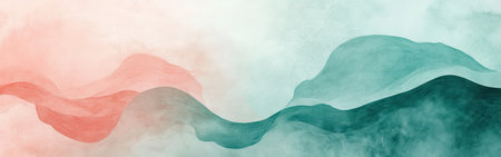Muting vibrancy with soft pencil strokes, the composition features flowing waves in teal and coral colors, creating a tranquil atmosphere perfect for relaxation or inspiration.の素材