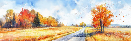 Bright autumn colors fill the landscape as golden leaves flutter from trees lining a peaceful winding road. A picturesque countryside unfolds under a clear blue sky, inviting exploration.の素材