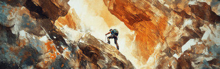A climber ascends a steep and rugged mountain, gripping onto rocky surfaces while vibrant watercolor blends create a dramatic backdrop of oranges and earth colors during daylight.の素材