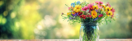 A beautiful arrangement of colorful wildflowers fills a glass jar sitting on a wooden table. The soft, blurred background enhances the charm of this rustic setting, conveying a sense of tranquility.の素材