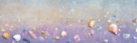 A collection of seashells rests on soft, sandy terrain, showing various shapes and colors. The tranquil watercolor backdrop creates a peaceful coastal mood, inviting relaxation and exploration.の素材