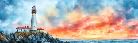 A lighthouse is perched on rugged rocks, overlooking the ocean. Vibrant colors fill the sky as the sun sets, creating a stunning backdrop for the scene. The atmosphere is serene and picturesque.の素材