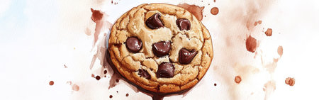 A freshly baked chocolate chip cookie is prominently displayed with a colorful watercolor background. The cookie features rich brown chocolate chips atop a golden base, evoking warmth and indulgence.の素材
