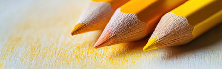 Three yellow pencils are arranged in a close-up view, revealing delicate pencil strokes on a surface, creating a gentle gradient of muted yellow hues, suggesting artistry in motion.の素材