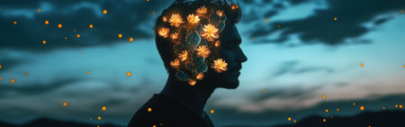A mysterious silhouette of a man emerges against a twilight backdrop, filled with vibrant flowers and glowing orbs. The enchanting scene captures the essence of nature and imagination.の素材