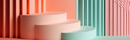 Curved arcs in soft muted coral and mint shades lead the way through a contemporary space, showing a harmonious blend of colors and geometric forms.の素材