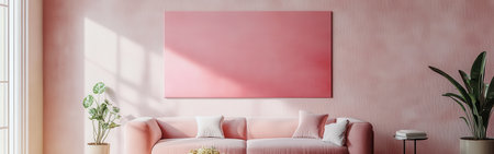 In a softly decorated living room with pastel pink tones, a comfortable sofa invites relaxation. Natural light filters through large windows, creating a warm ambiance.の素材