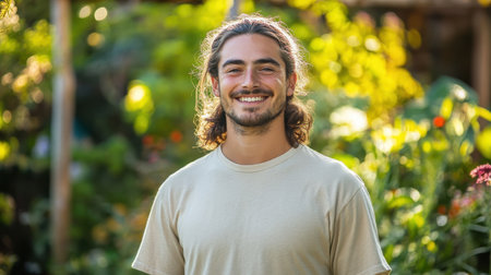A man with long sandy brown hair tied back smiles brightly while standing in a vibrant garden filled with greenery and blooming flowers during the evening light.の素材