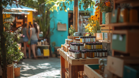 Vibrant eco-market buzzing with activity as visitors browse stalls filled with organic products and handmade items surrounded by greenery and flowers.の素材