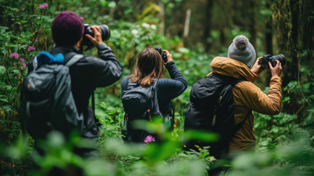 A group of nature enthusiasts captures the beauty of a dense forest, photographing vibrant flora and possible wildlife. It is a peaceful moment filled with inspiration in nature's embrace.の素材