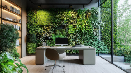 This serene home office showcases a vibrant green wall filled with plants, creating a tranquil environment. A modern desk is positioned for focused work and inspiration, surrounded by nature.の素材