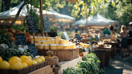 Stalls showcase an array of gourmet foods made from fresh ingredients amidst a lively crowd enjoying the atmosphere at an outdoor festival.の素材