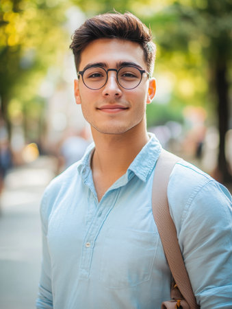 This lively portrait captures a young man with glasses wearing a light blue shirt, exuding confidence against a backdrop of green trees and people enjoying a sunny day in town.の素材