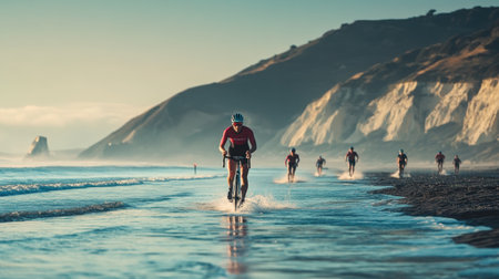 Athletes compete in a spring triathlon, transitioning from swimming to cycling along a beautiful beach. The sun rises over the water, creating a picturesque backdrop for the event.の素材