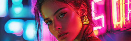 In a bustling city setting, a woman gazes confidently into the camera, her face glowing with vibrant neon hues from the surrounding lights, capturing the energy of nightlife.の素材