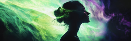 A woman is depicted in profile against a mesmerizing backdrop of swirling colors, exuding a peaceful aura. The glowing effect enhances her serene expression in a calm setting.の素材