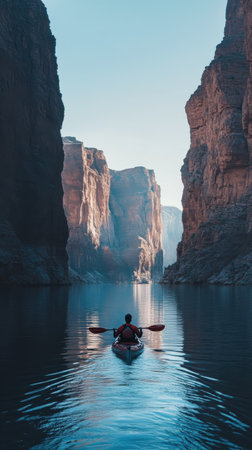 Paddling softly through calm waters, a kayaker explores a breathtaking canyon. The towering cliffs reflect the warm light of sunrise, creating a tranquil atmosphere.の素材