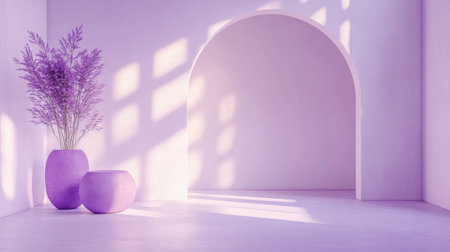 Soft lavender tones illuminate a minimalist interior space with an arched entryway. Two decorative vases hold delicate plants, casting relaxing shadows on the floor.の素材
