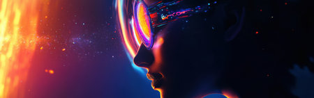 In a surreal setting, a woman glows brightly while observing a cosmic phenomenon. Her futuristic goggles reflect colorful lights, creating a captivating visual experience.の素材