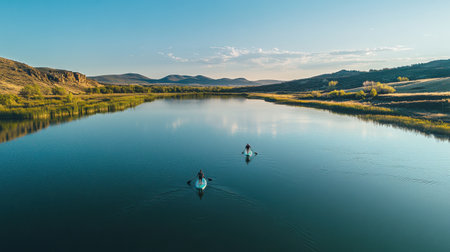 Two paddleboarders glide across a calm river during spring. Lush greenery and distant mountains create a serene atmosphere in this outdoor experience.の素材