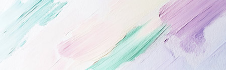 A tranquil minimalist composition features soft pastel strokes of pale purple and mint green blending into a crisp white background, evoking calm and serenity.の素材