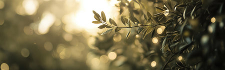 Delicate foliage is gently kissed by soft bokeh lights in beige and olive tones, evoking a calming ambiance as the day transitions into evening. The light creates a serene backdrop.の素材